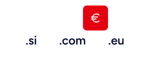 Kartica s končnicami domen .si, .com in .eu ter ceno v evrih
