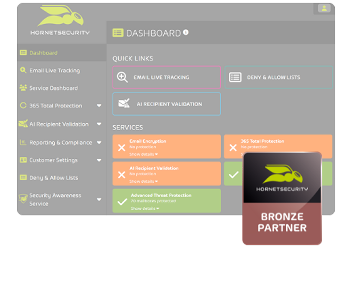 Nadzorna plošča Hornetsecurity z oznako Bronze Partner