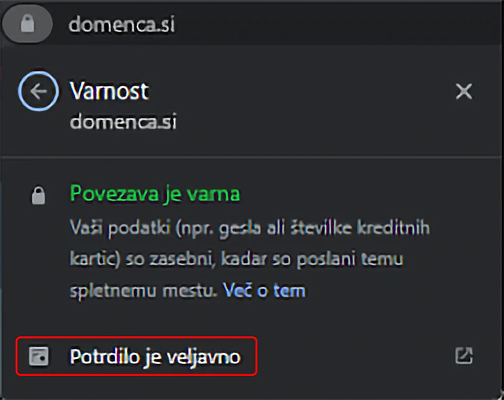 Posnetek zaslona varnostnega obvestila o povezavi domena.si