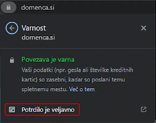 Posnetek zaslona varnostnega obvestila o povezavi domena.si